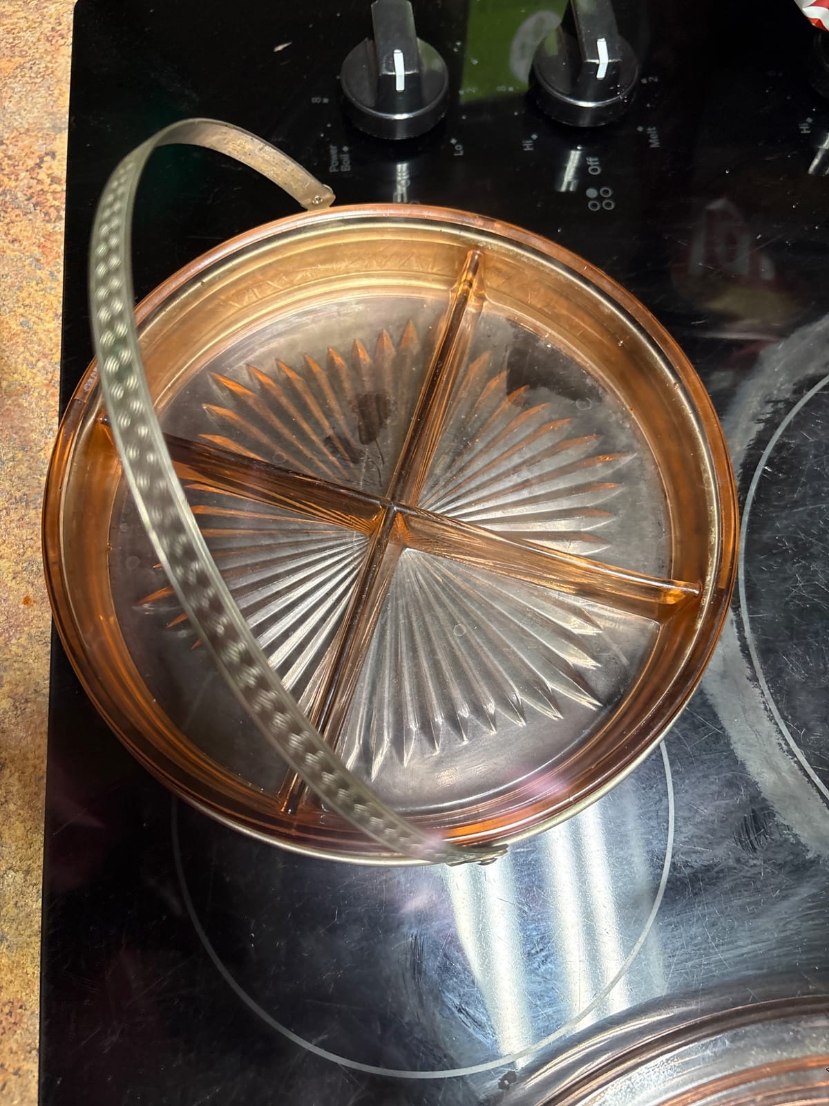 Vintage amber glass divided serving dish with metal swing handle