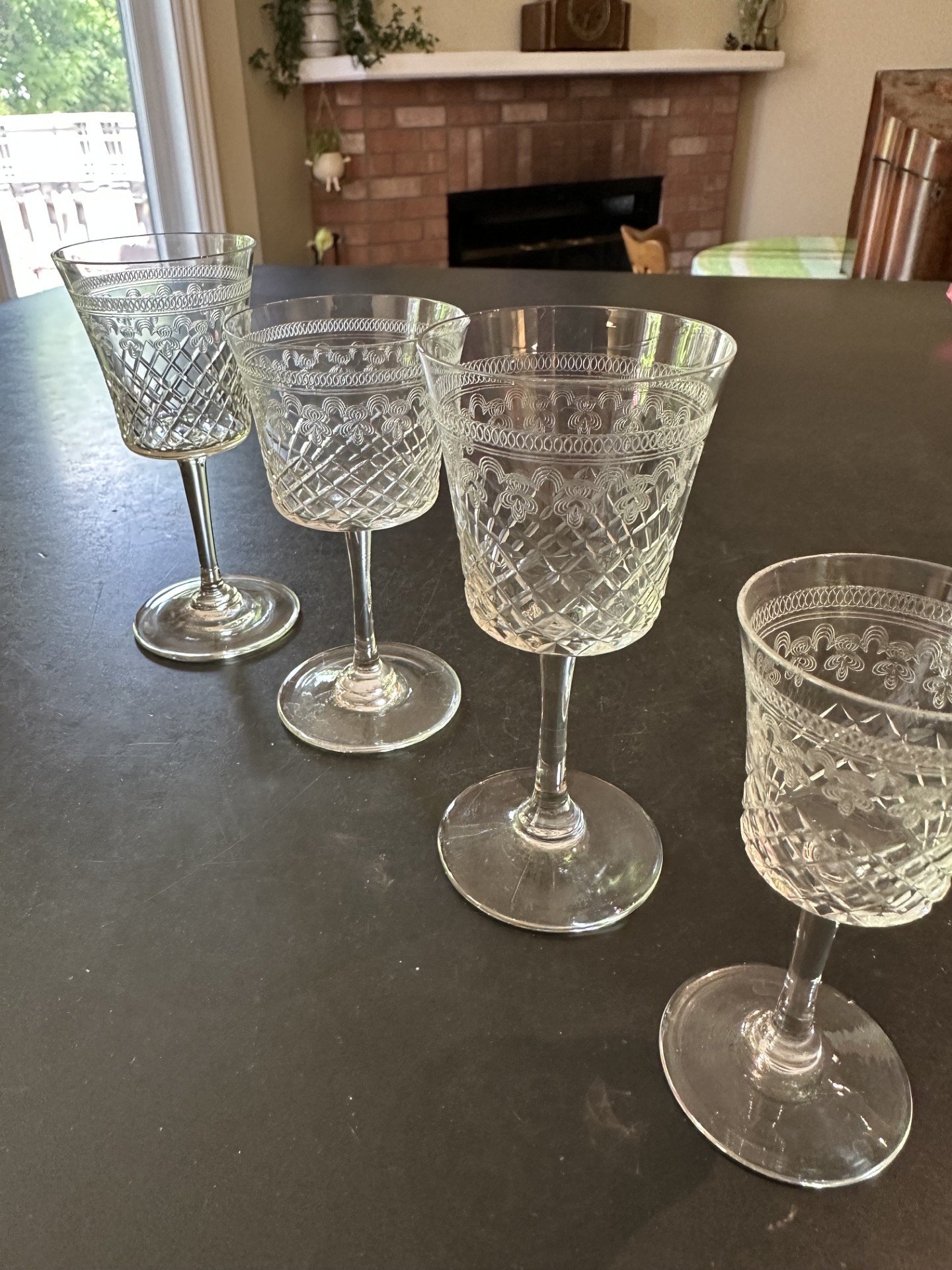 Cut glass stemmed wine goblets / cordial glasses