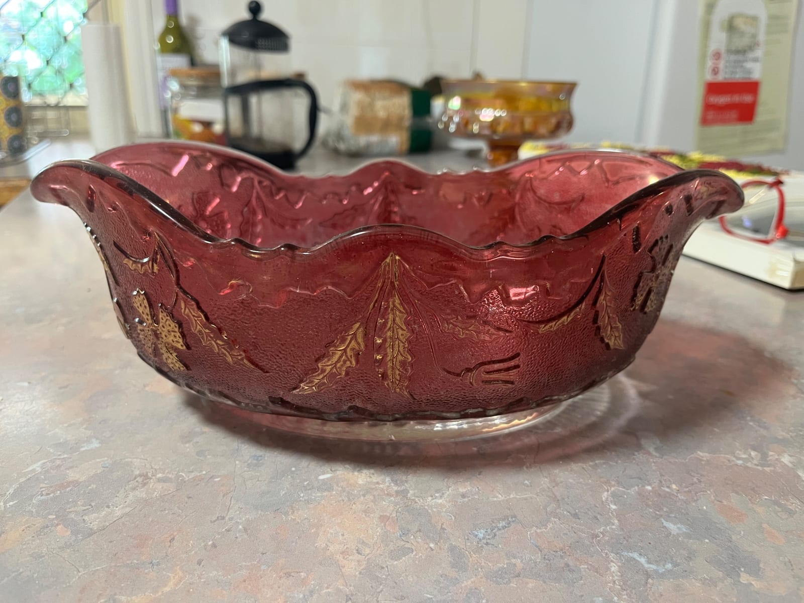 Pressed glass oval serving bowl with oak leaf and acorn motif