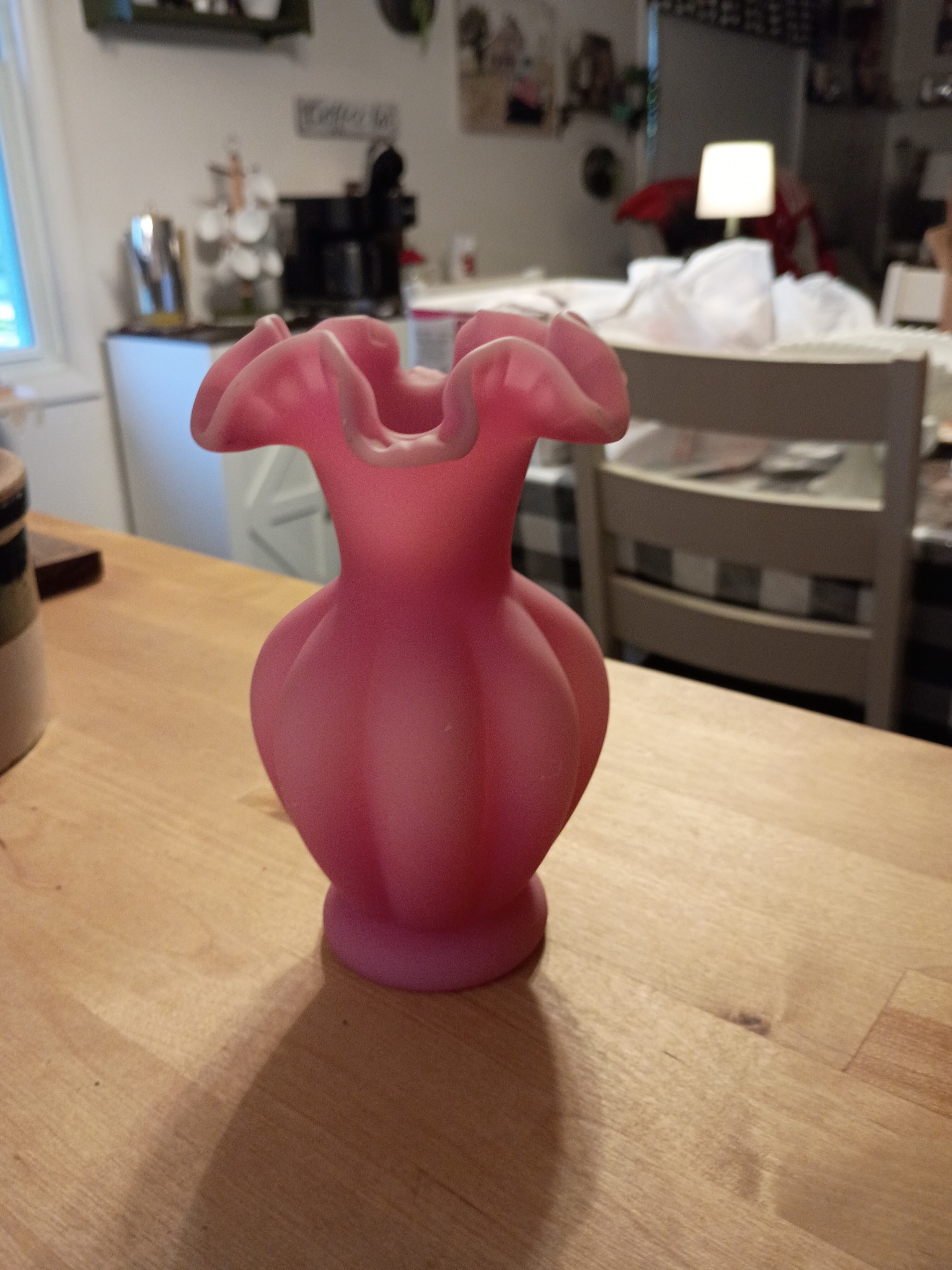 Frosted pink art glass vase with ruffled rim