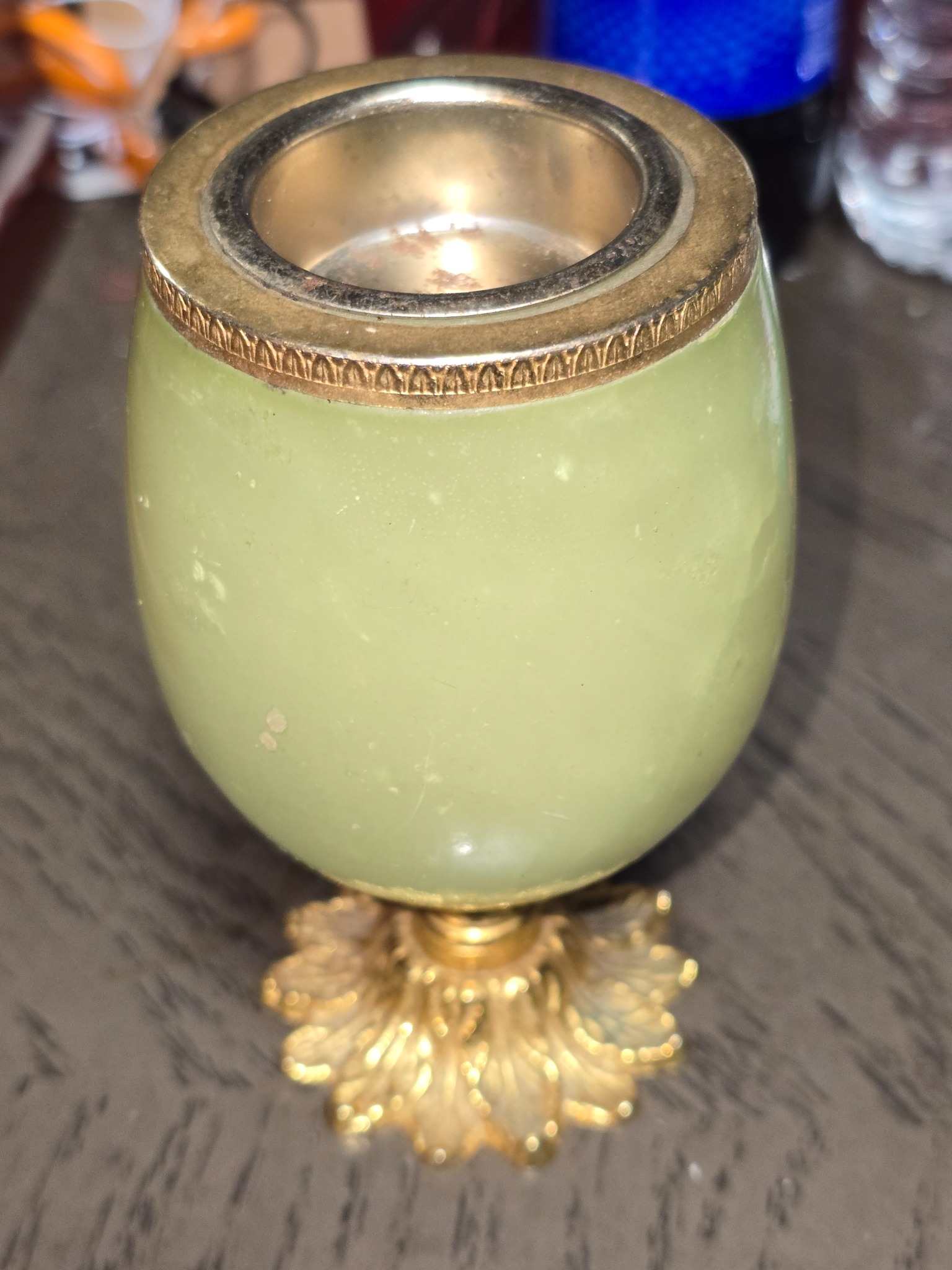 Small decorative glass vessel or vanity jar with gilt metal mount and pedestal base