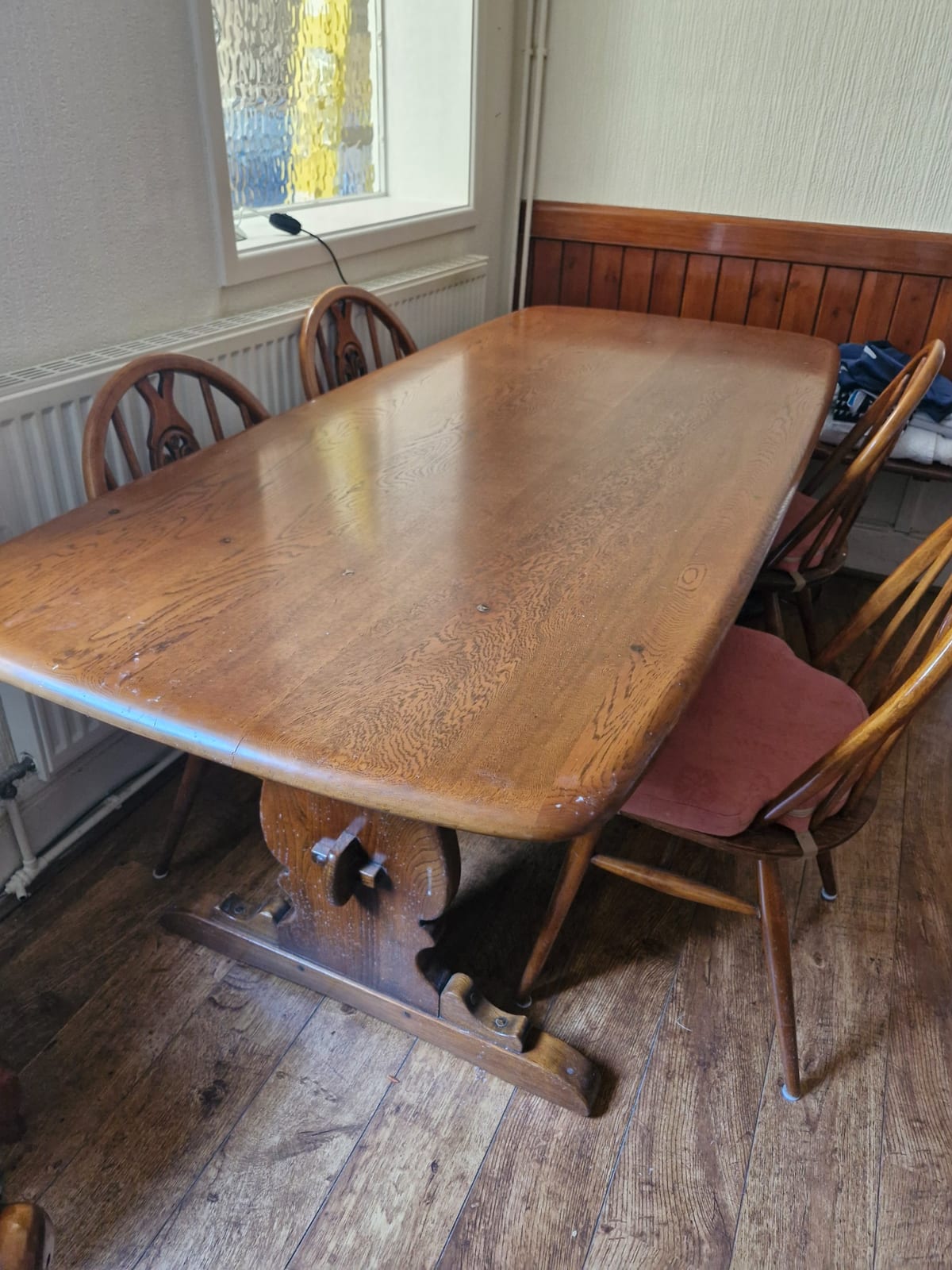 Large oak refectory or farmhouse dining table with trestle base