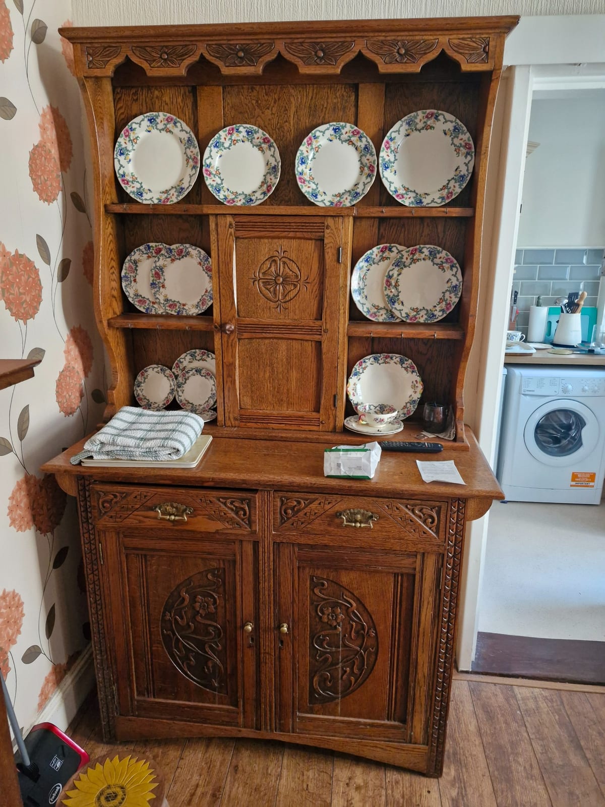 Carved oak china cabinet / dresser with plate rack