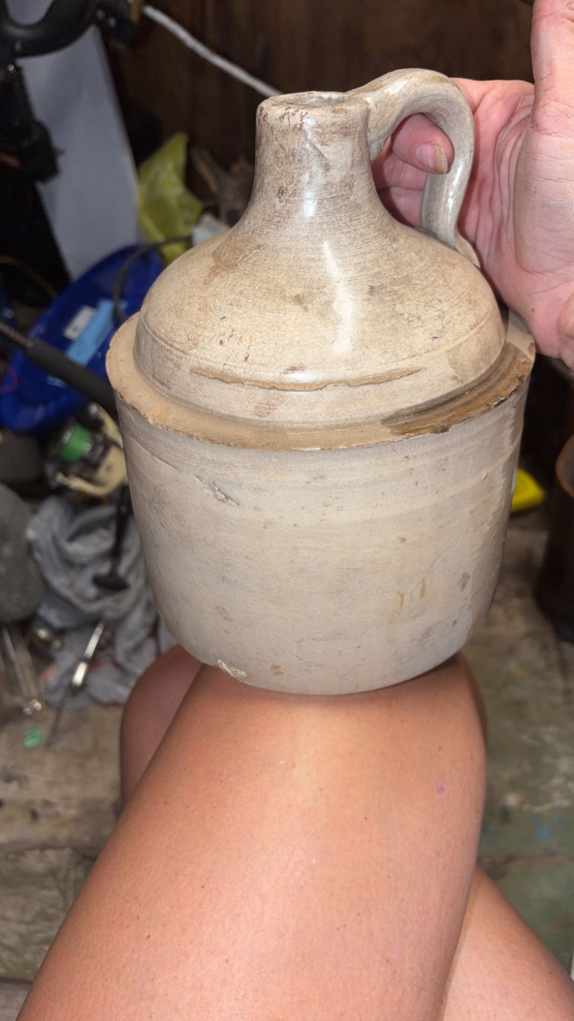Stoneware jug or crock with applied handle