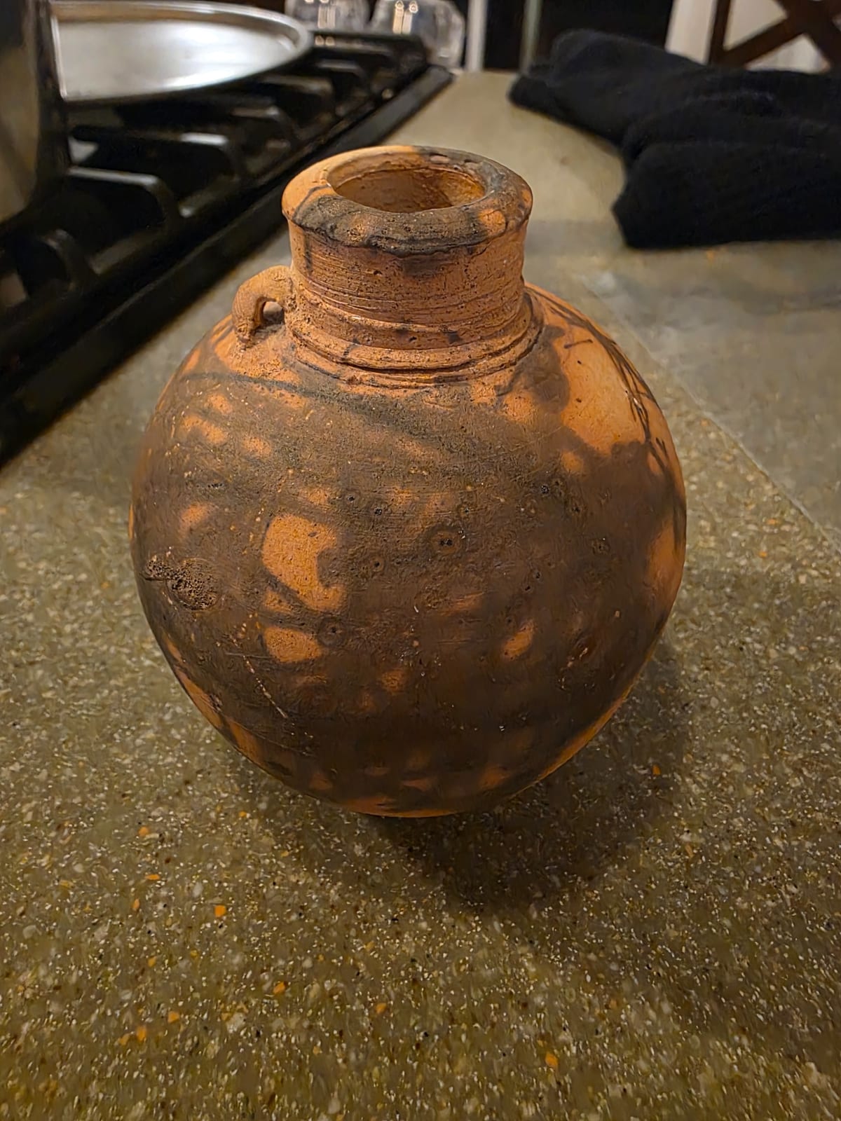 Hand-blown glass bottle or flask with applied neck ring