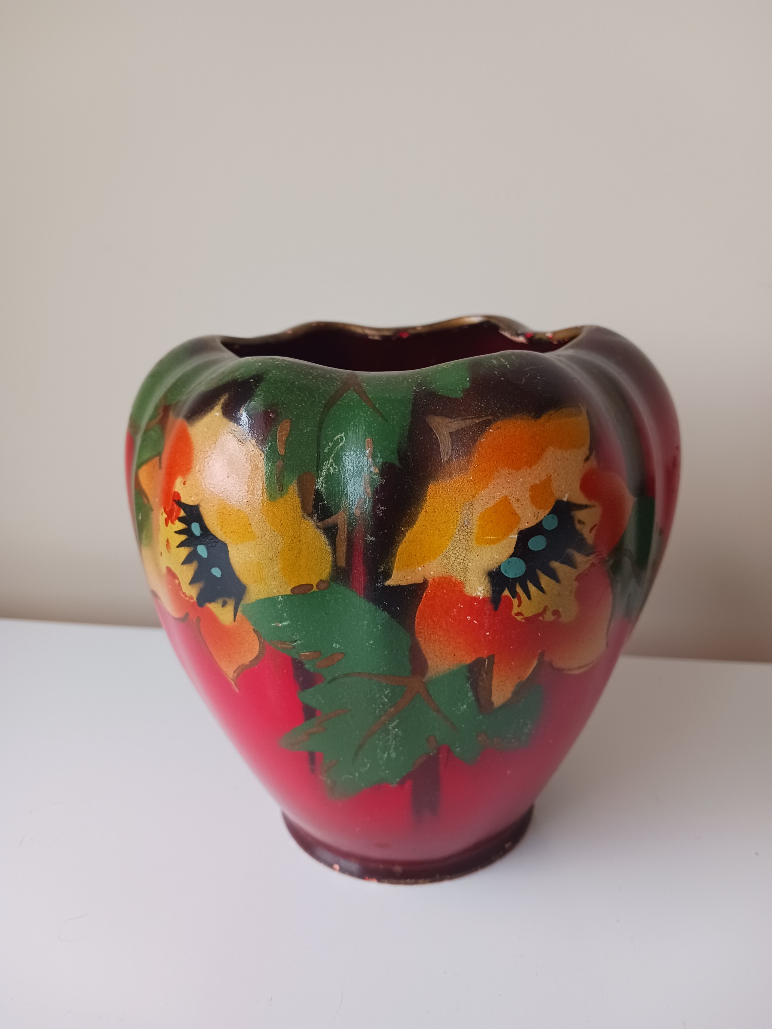 Decorative art glass vase with floral enamel decoration