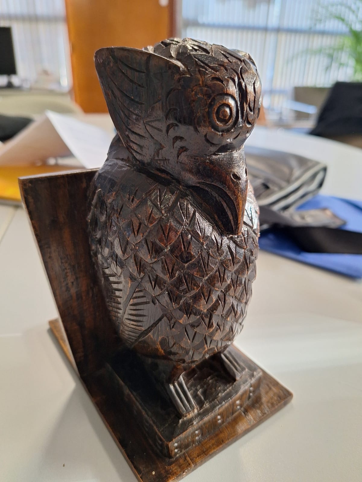 Carved wooden owl bookend or decorative figurine