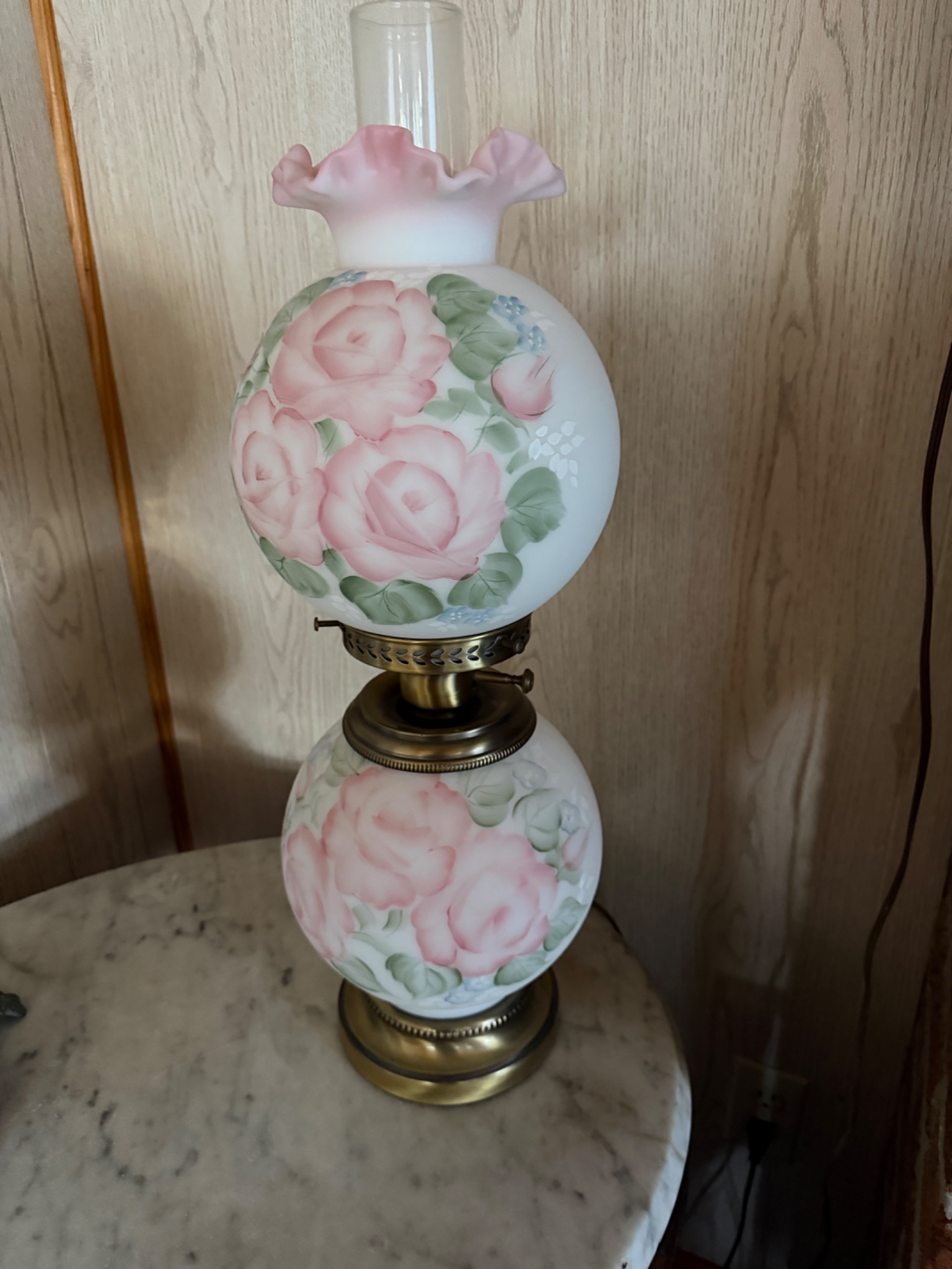 Hand-painted floral glass oil lamp / converted table lamp