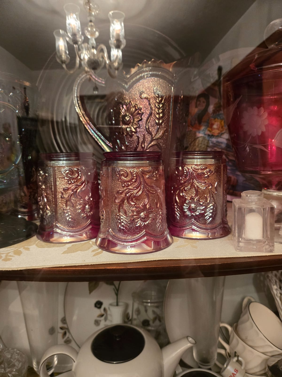 Pressed glass vanity dresser set with pitcher and tumblers