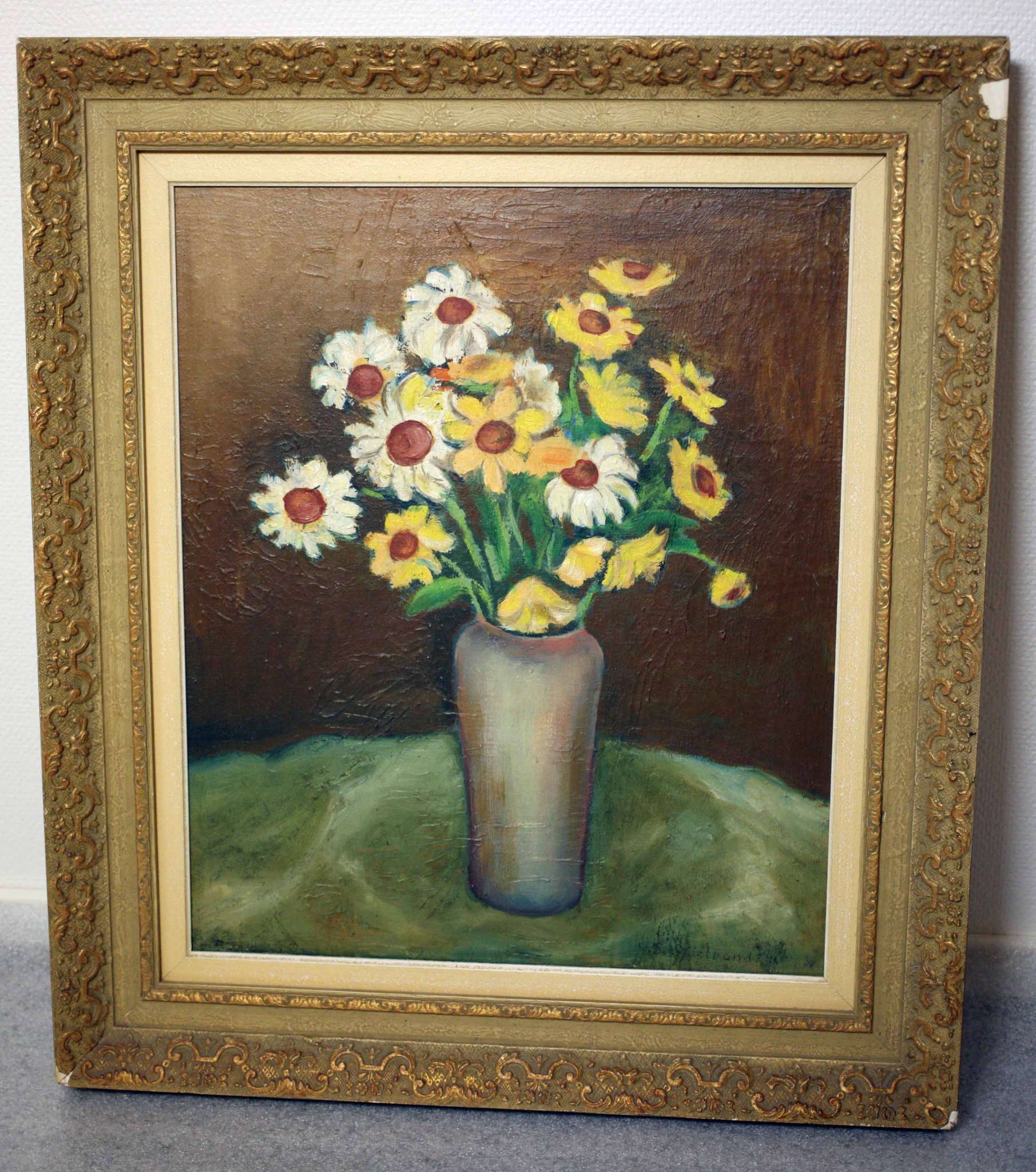 Still life painting of daisies in a vase