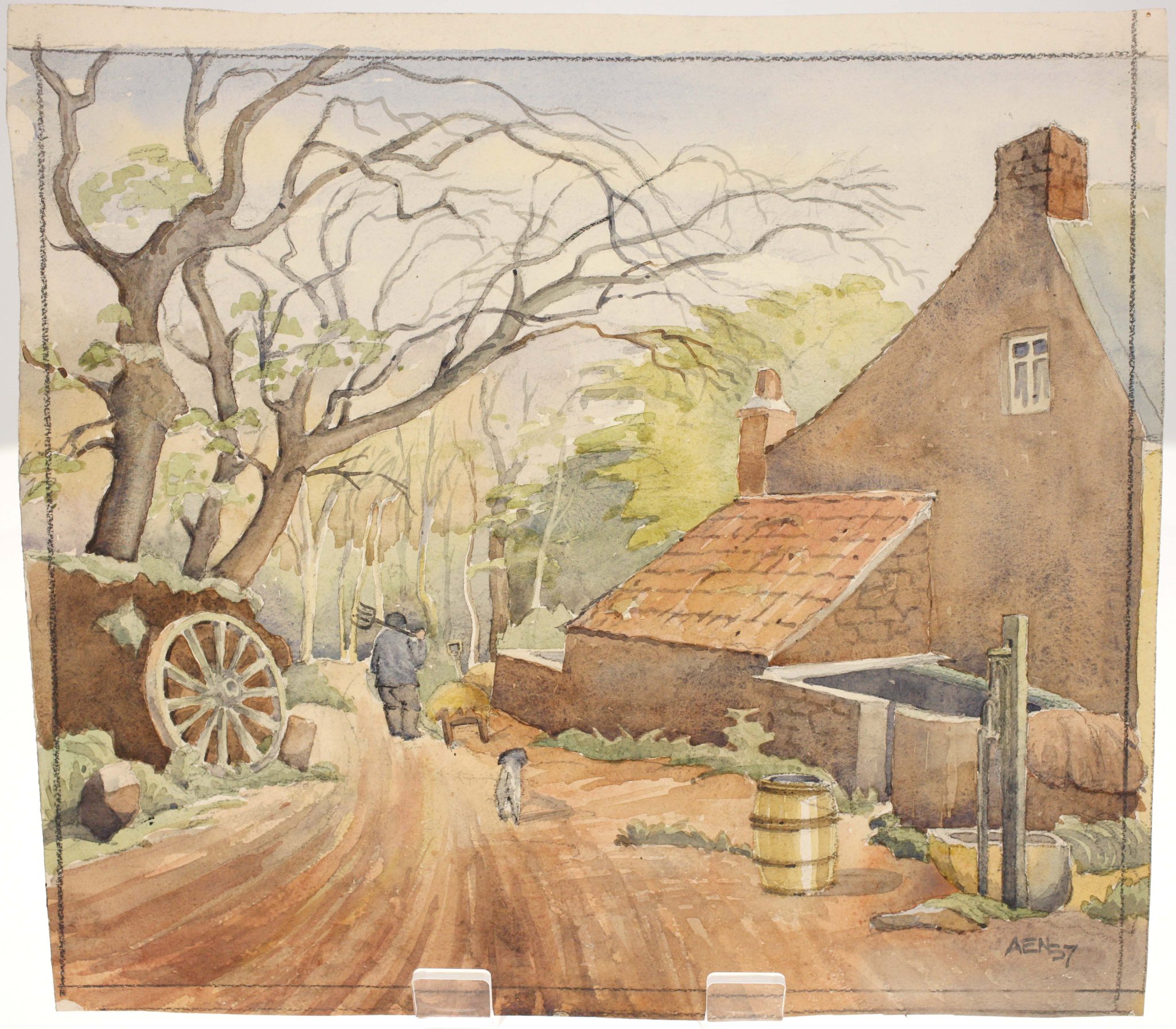 Signed watercolor landscape drawing of a rural cottage scene