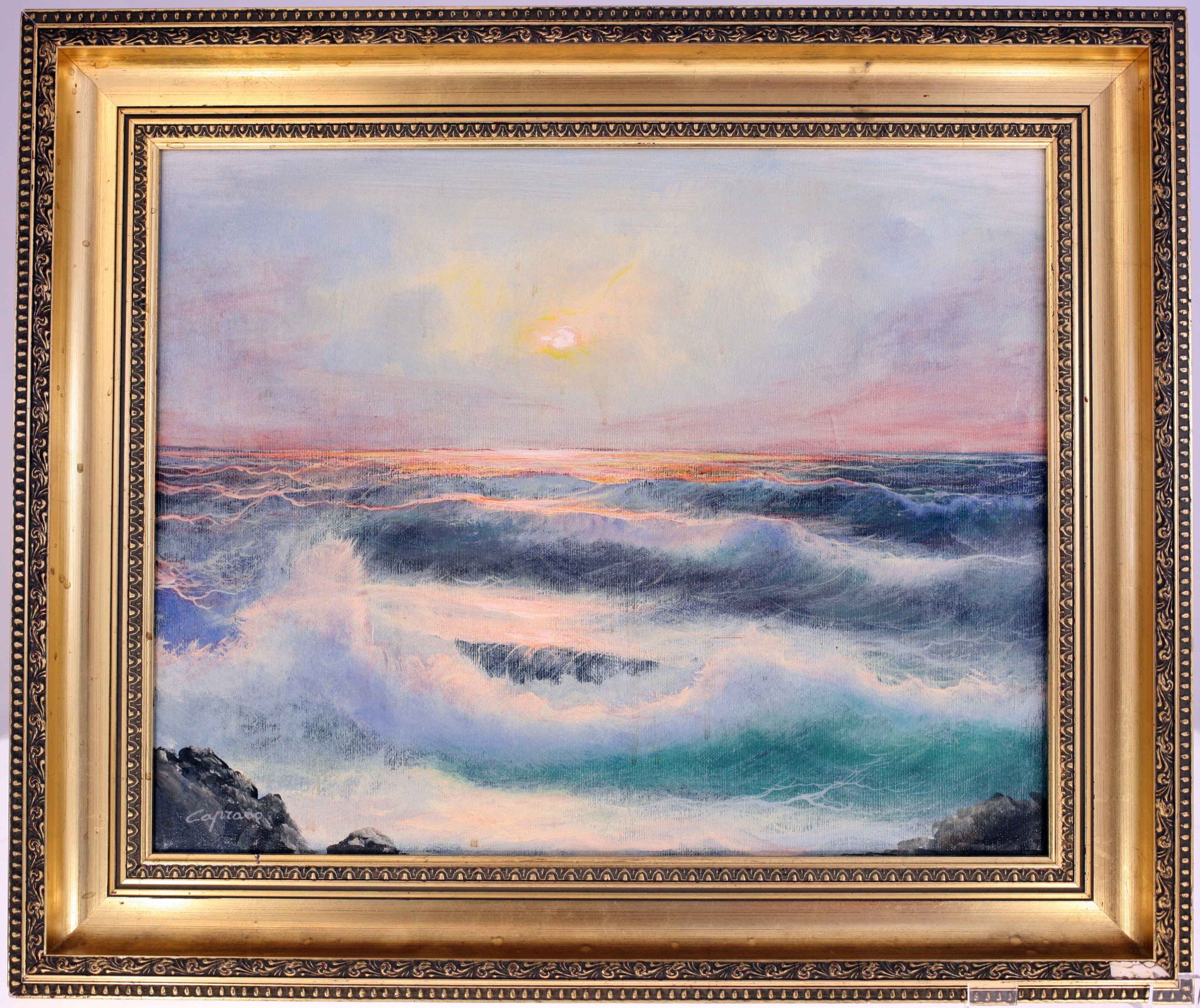 Framed seascape painting, likely oil on canvas