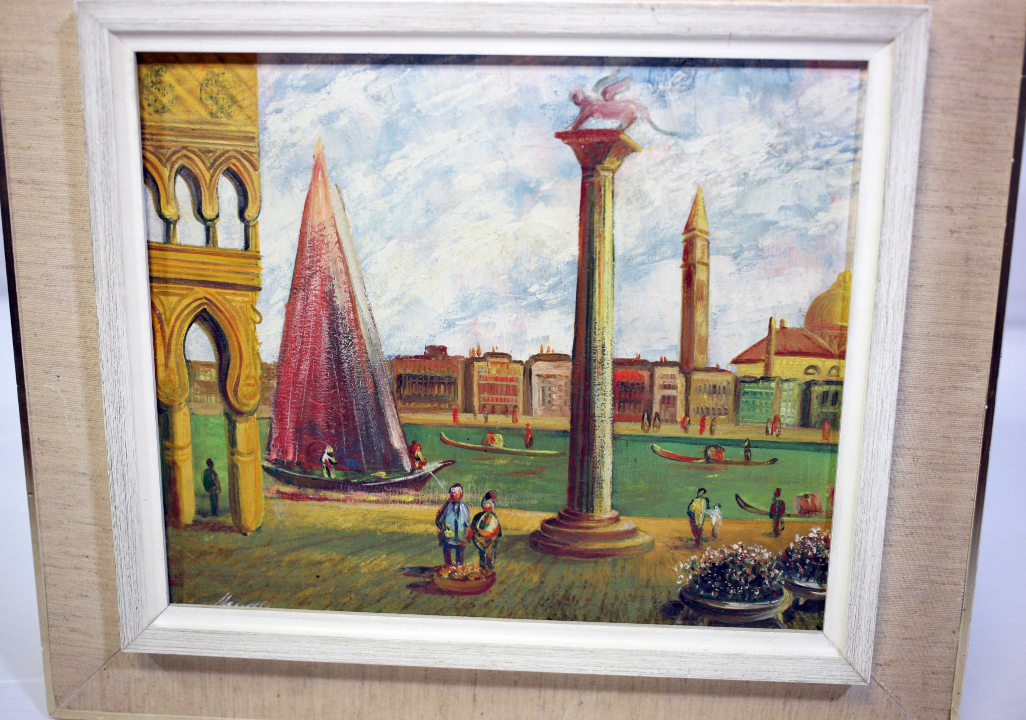 Framed modernist cityscape painting with Venetian/Italianate architectural scene