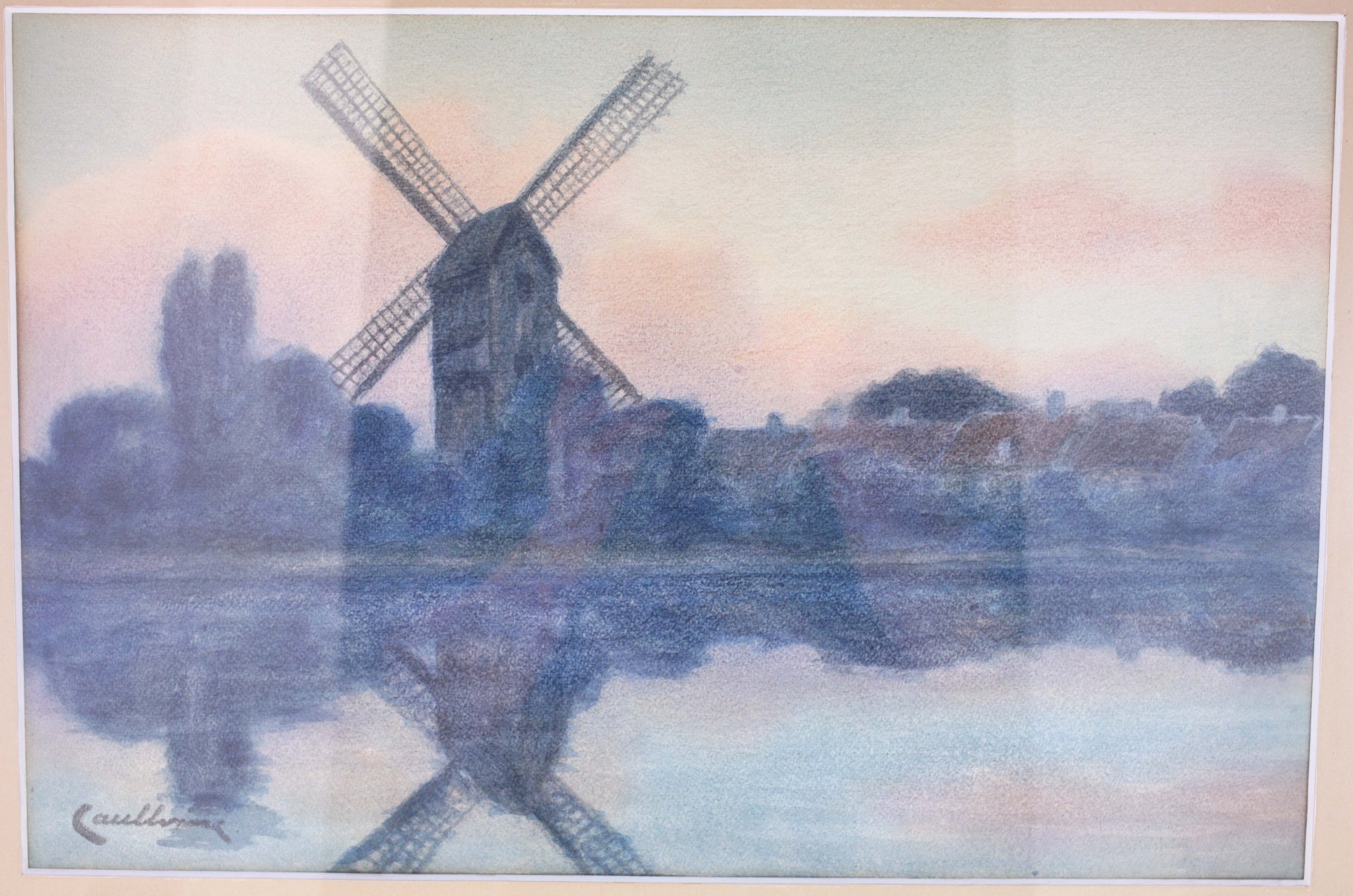Framed landscape print or painting depicting a windmill scene