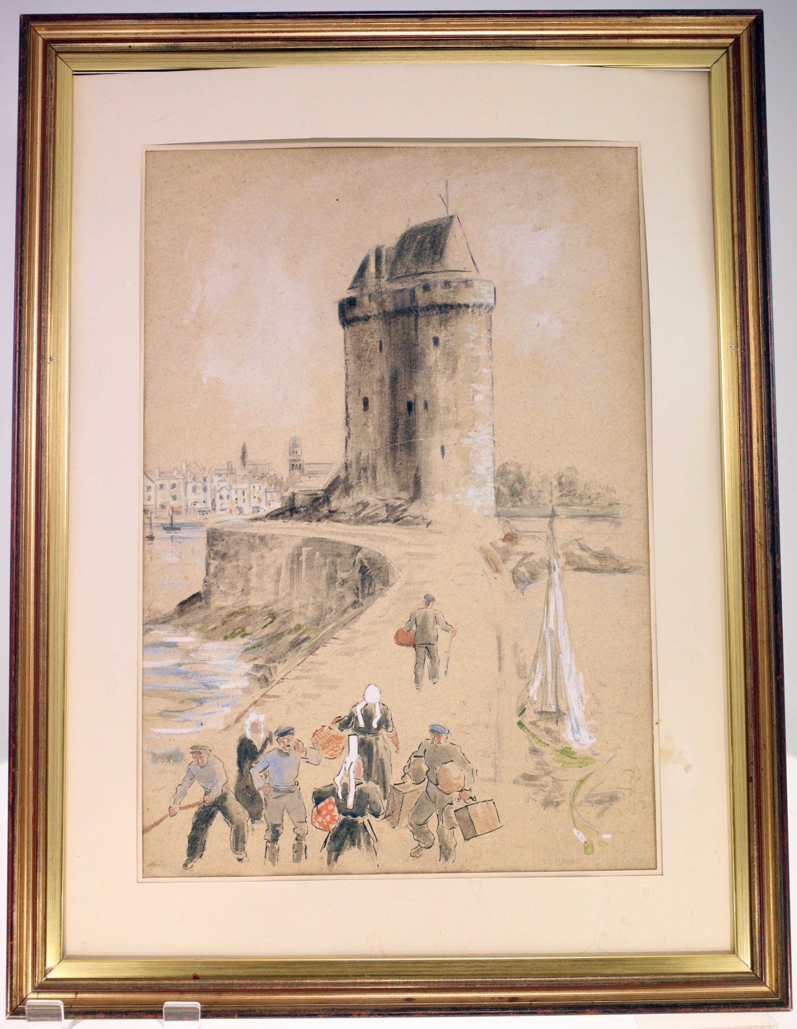Framed watercolor/gouache harbor scene with tower and figures
