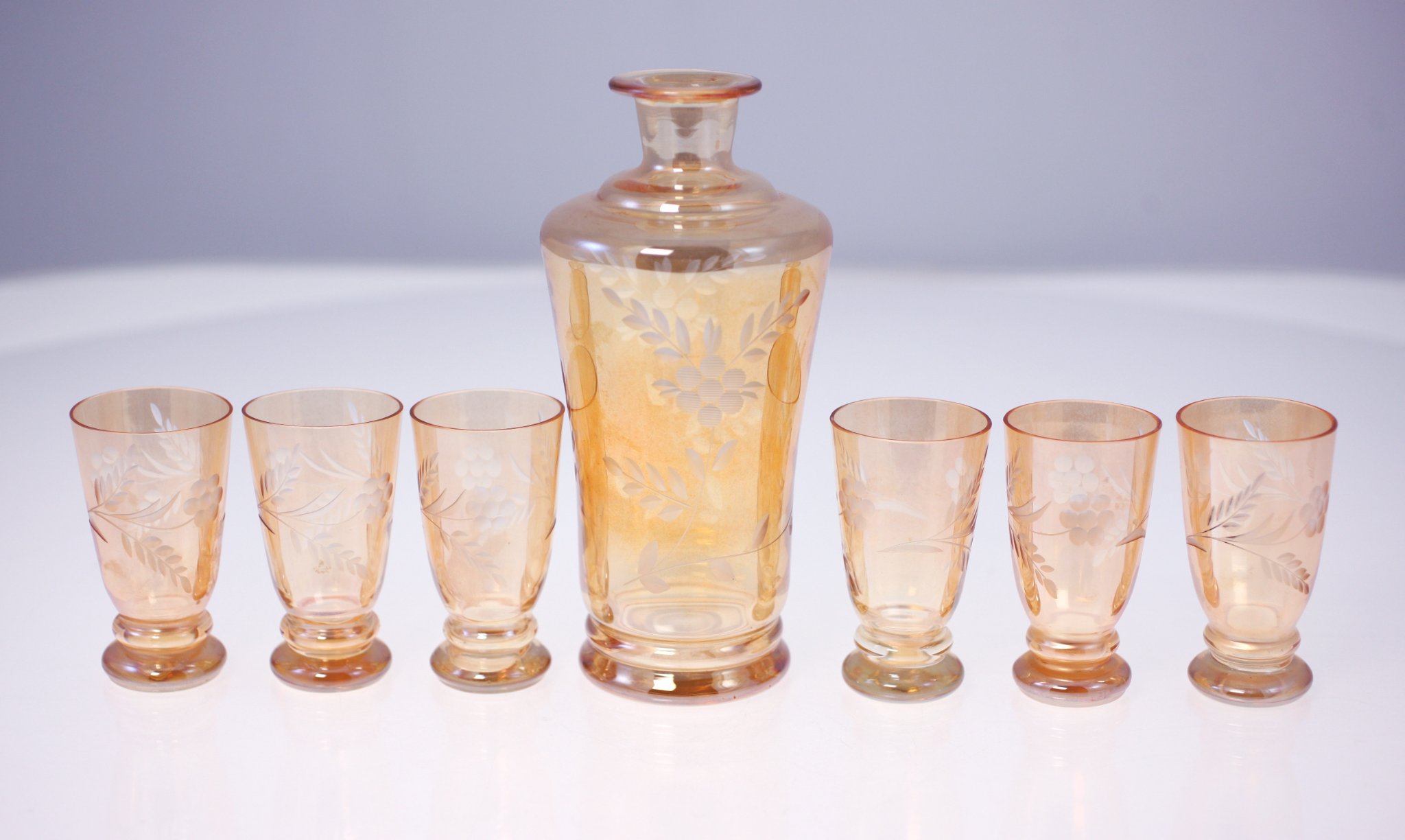 Amber glass liquor decanter set with six matching tumblers